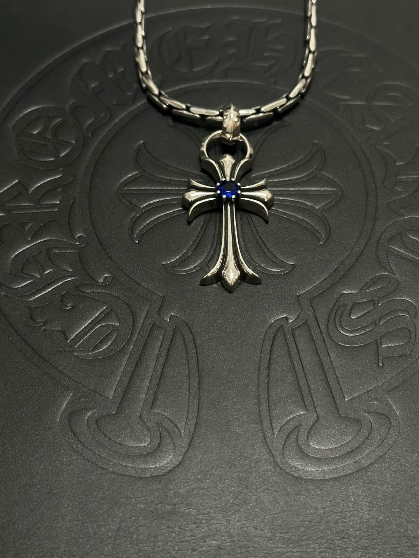 Chrome Hearts Silver Cross Pendant with Blue Gemstone